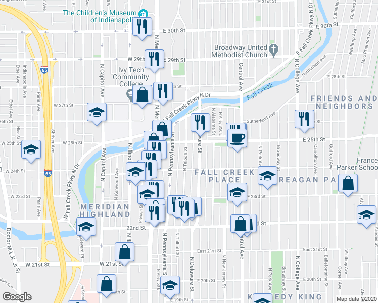 map of restaurants, bars, coffee shops, grocery stores, and more near 2447 North Talbott Street in Indianapolis