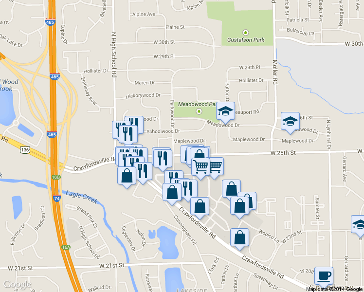 map of restaurants, bars, coffee shops, grocery stores, and more near 5835 Maplewood Drive in Indianapolis