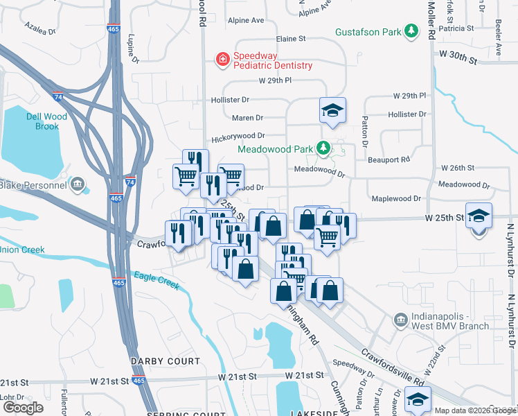 map of restaurants, bars, coffee shops, grocery stores, and more near 6038 West 25th Street in Indianapolis
