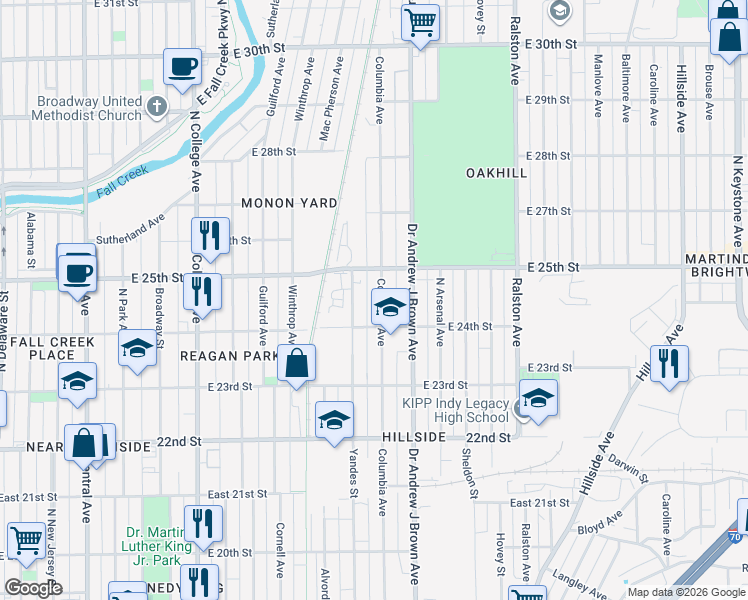 map of restaurants, bars, coffee shops, grocery stores, and more near 2430 Columbia Avenue in Indianapolis
