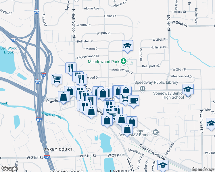 map of restaurants, bars, coffee shops, grocery stores, and more near 2520 Parkwood Drive in Indianapolis