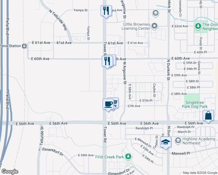 map of restaurants, bars, coffee shops, grocery stores, and more near 5800 Tower Road in Denver