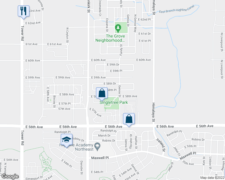 map of restaurants, bars, coffee shops, grocery stores, and more near East 58th Place in Aurora