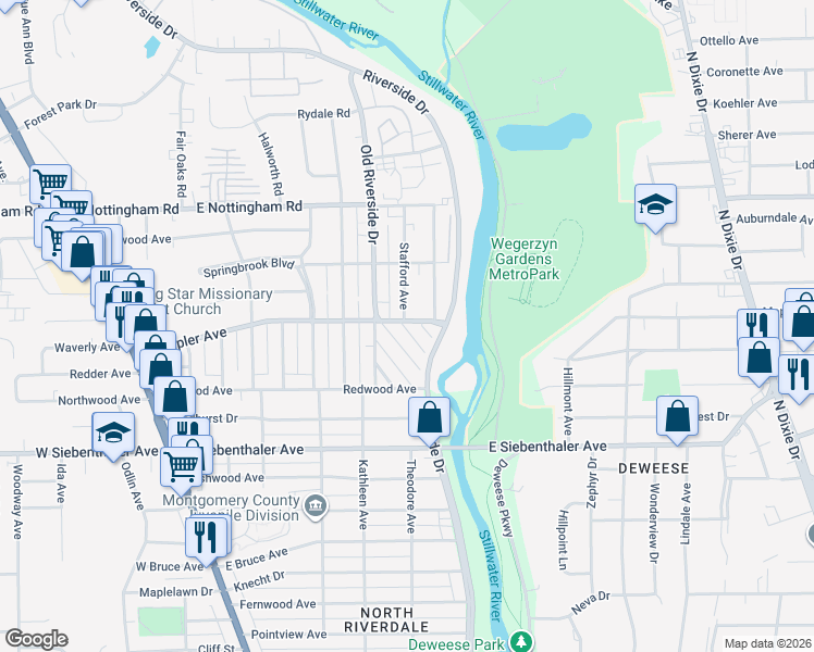 map of restaurants, bars, coffee shops, grocery stores, and more near 2 Stafford Avenue in Dayton