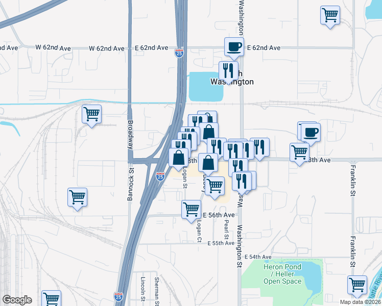 map of restaurants, bars, coffee shops, grocery stores, and more near 5810 Logan Street in Denver