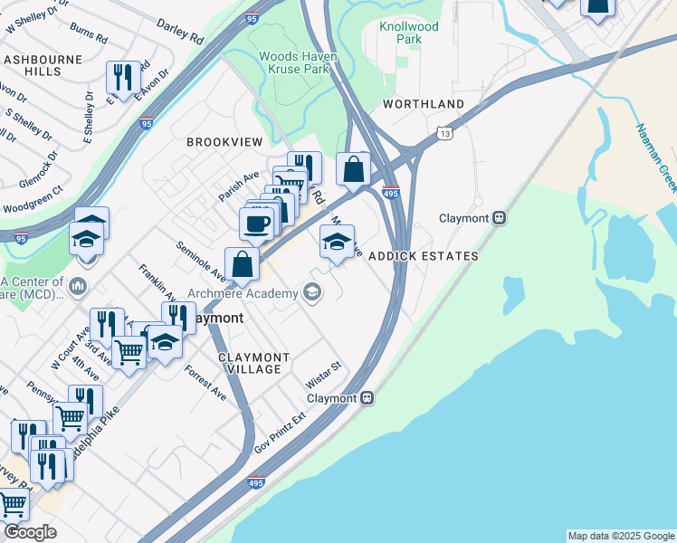 map of restaurants, bars, coffee shops, grocery stores, and more near 3600 Philadelphia Pike in Claymont