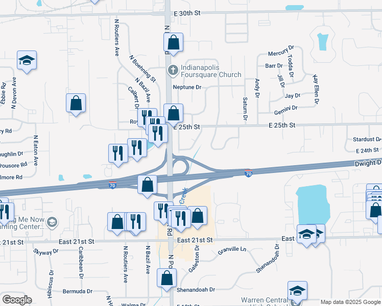 map of restaurants, bars, coffee shops, grocery stores, and more near 9045 Stardust Drive in Indianapolis