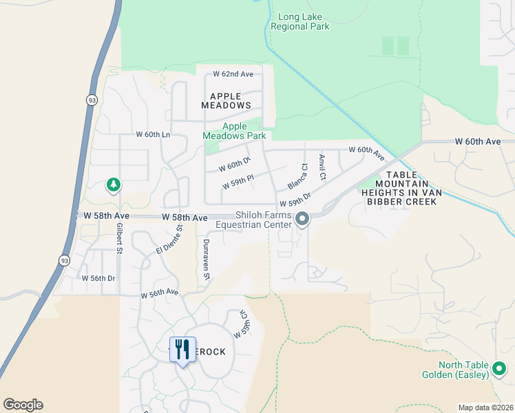 map of restaurants, bars, coffee shops, grocery stores, and more near 18855 West 59th Drive in Golden