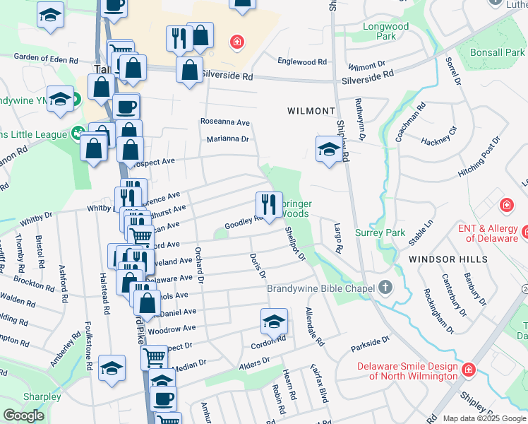map of restaurants, bars, coffee shops, grocery stores, and more near 415 Goodley Road in Wilmington
