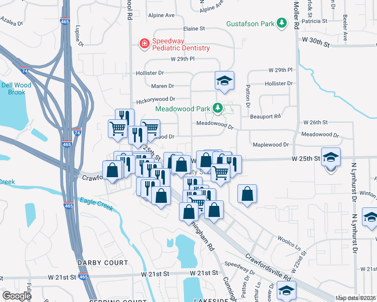 map of restaurants, bars, coffee shops, grocery stores, and more near 2520 Parkwood Drive in Indianapolis