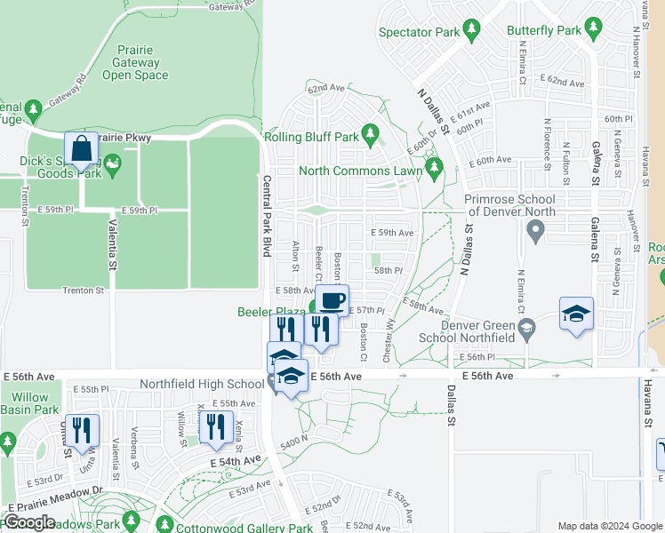 map of restaurants, bars, coffee shops, grocery stores, and more near 5849 Boston Street in Denver