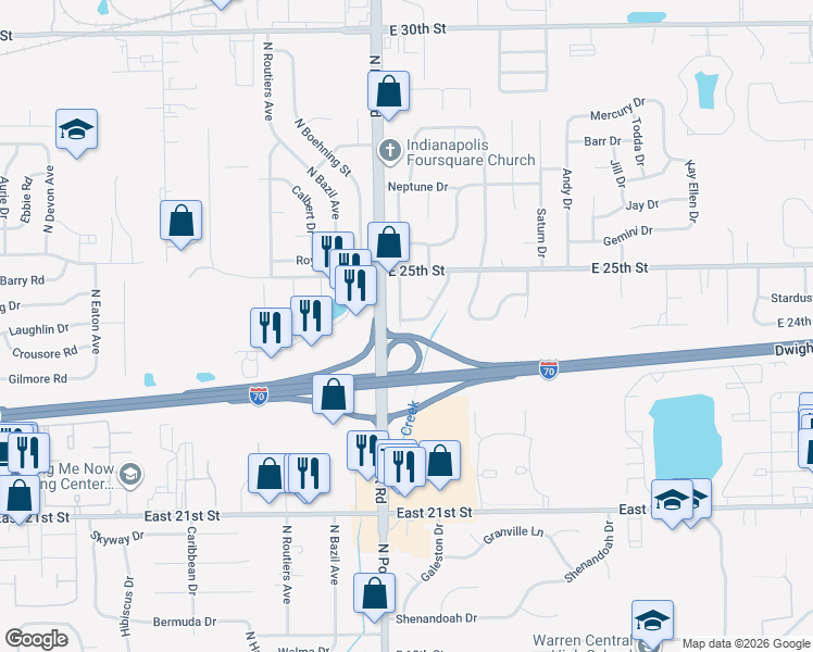 map of restaurants, bars, coffee shops, grocery stores, and more near 2401 Morning Star Drive in Indianapolis