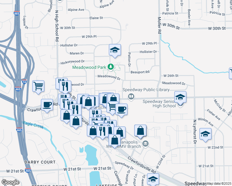 map of restaurants, bars, coffee shops, grocery stores, and more near 5679 Maplewood Drive in Indianapolis