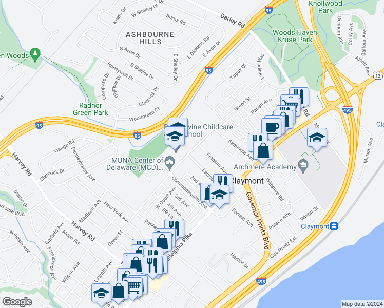 map of restaurants, bars, coffee shops, grocery stores, and more near 52 Lawson Avenue in Claymont
