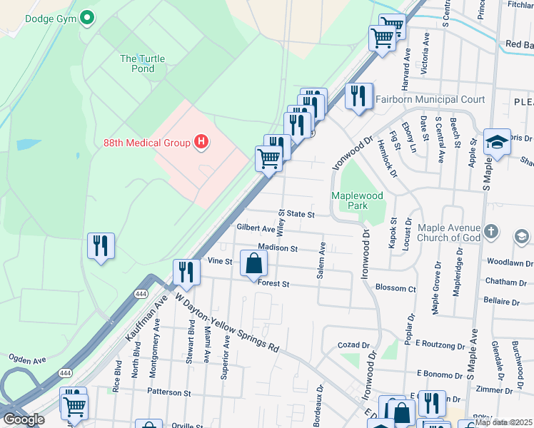 map of restaurants, bars, coffee shops, grocery stores, and more near 322 State Street in Fairborn