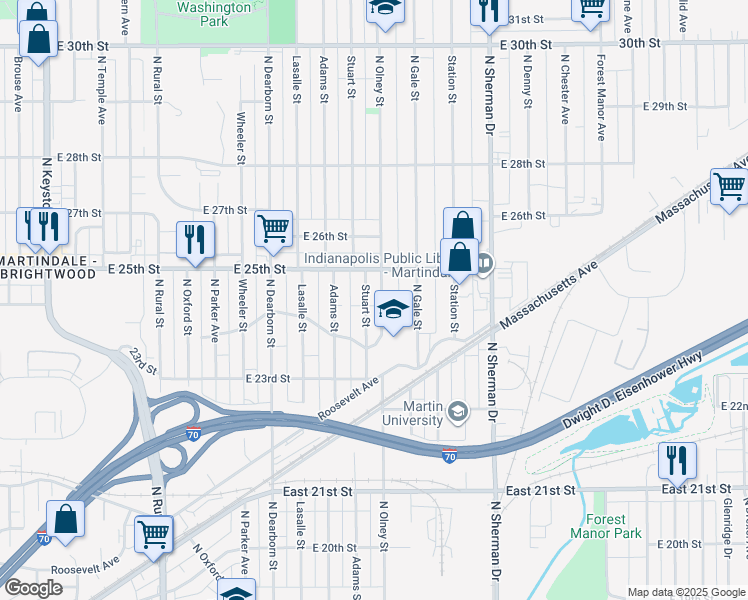 map of restaurants, bars, coffee shops, grocery stores, and more near 2421 Stuart Street in Indianapolis