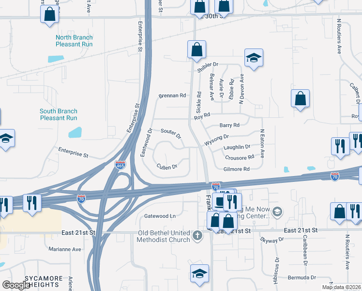 map of restaurants, bars, coffee shops, grocery stores, and more near 7925 Souter Drive in Indianapolis
