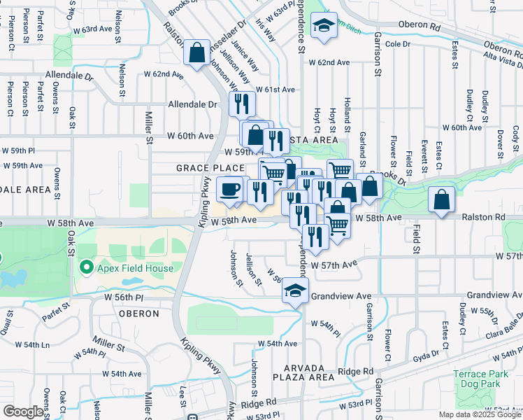 map of restaurants, bars, coffee shops, grocery stores, and more near 9825 West 58th Avenue in Arvada