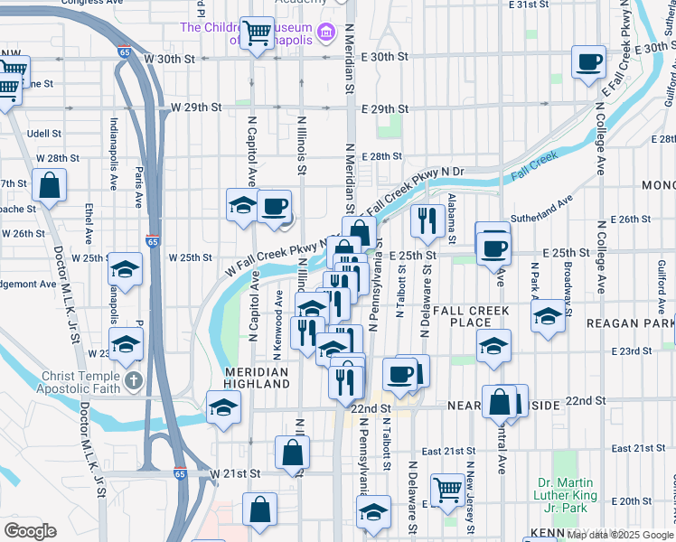 map of restaurants, bars, coffee shops, grocery stores, and more near 2480 North Meridian Street in Indianapolis