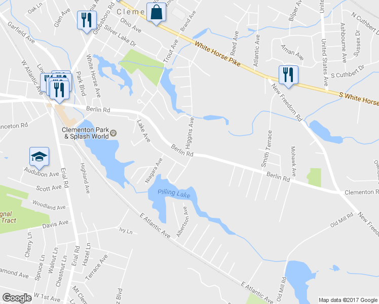 map of restaurants, bars, coffee shops, grocery stores, and more near 291 Berlin Road in Clementon