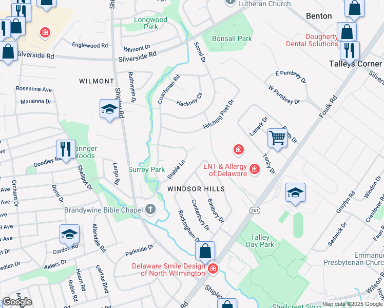 map of restaurants, bars, coffee shops, grocery stores, and more near 20 Stable Court in Wilmington