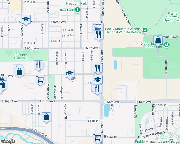 map of restaurants, bars, coffee shops, grocery stores, and more near 5805 Poplar Street in Commerce City