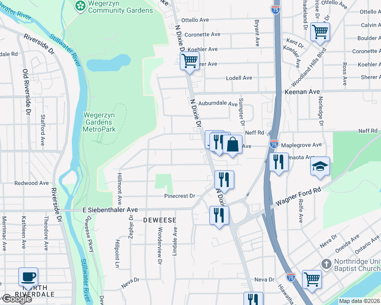 map of restaurants, bars, coffee shops, grocery stores, and more near 1840 Maplegrove Avenue in Dayton