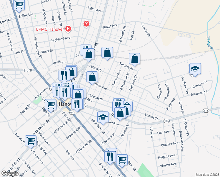 map of restaurants, bars, coffee shops, grocery stores, and more near 100 Baer Avenue in Hanover