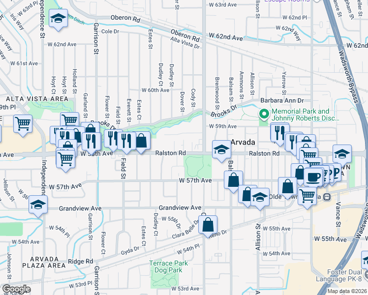 map of restaurants, bars, coffee shops, grocery stores, and more near 8595 Ralston Road in Arvada