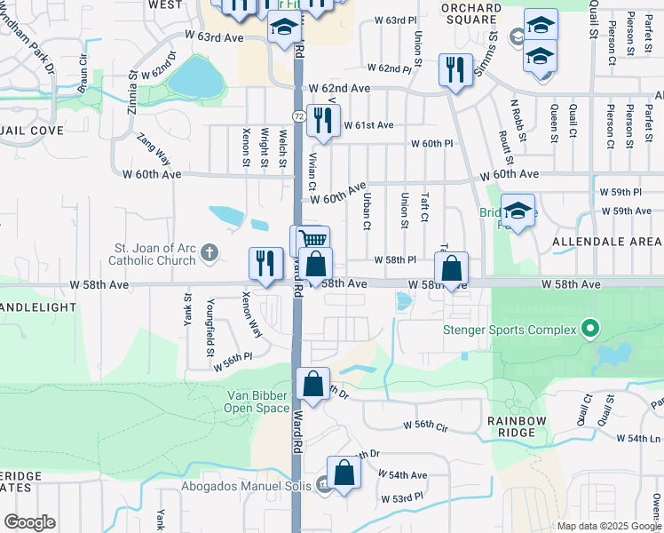 map of restaurants, bars, coffee shops, grocery stores, and more near 12205 West 58th Avenue in Arvada
