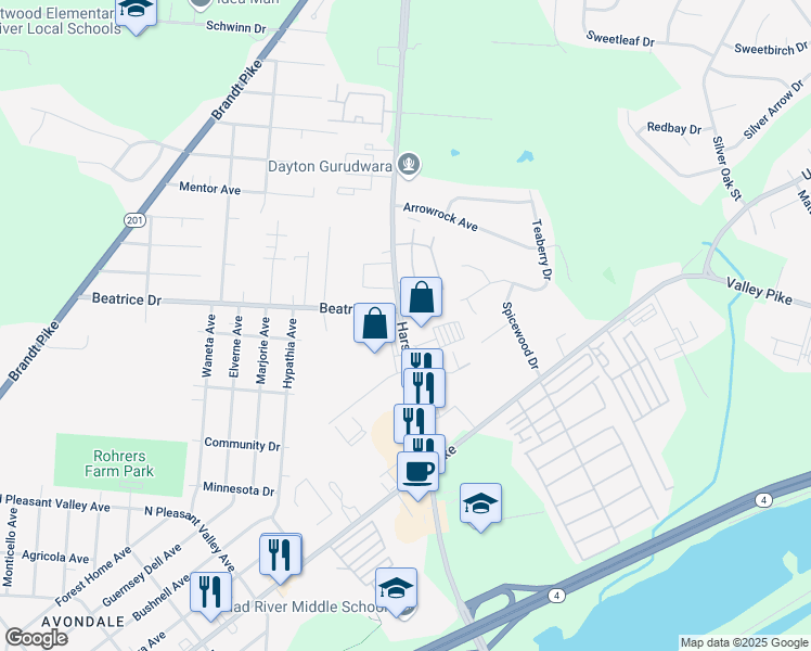 map of restaurants, bars, coffee shops, grocery stores, and more near 2150 Harshman Road in Dayton
