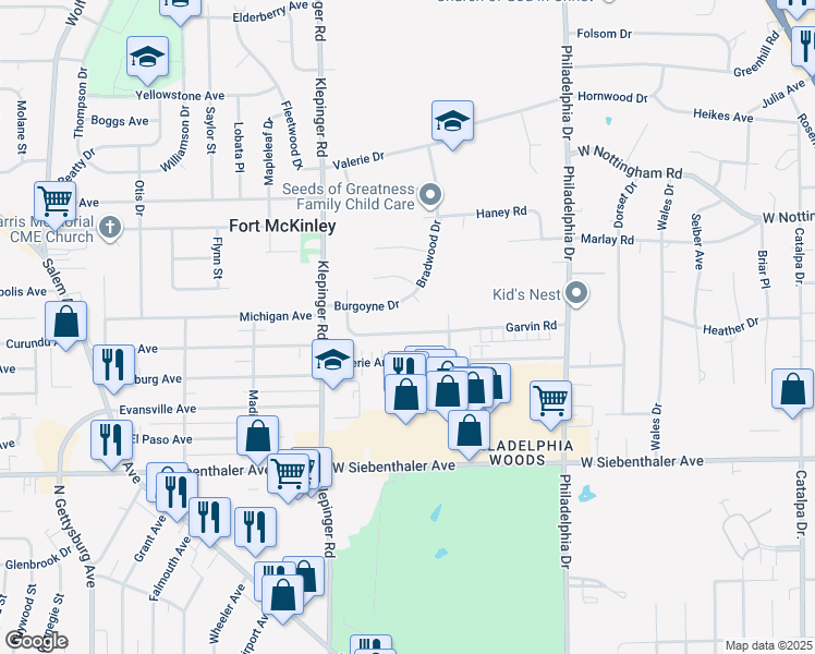 map of restaurants, bars, coffee shops, grocery stores, and more near 3247 Garvin Road in Dayton