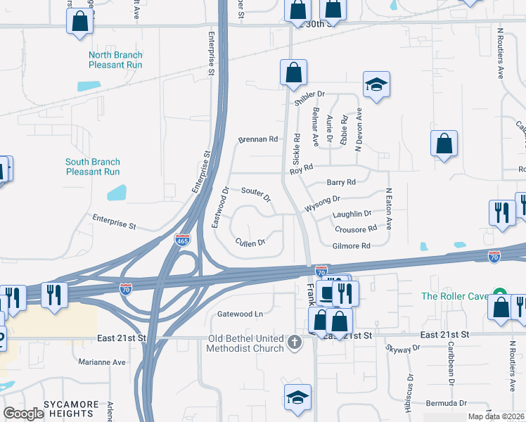 map of restaurants, bars, coffee shops, grocery stores, and more near 7925 Souter Drive in Indianapolis