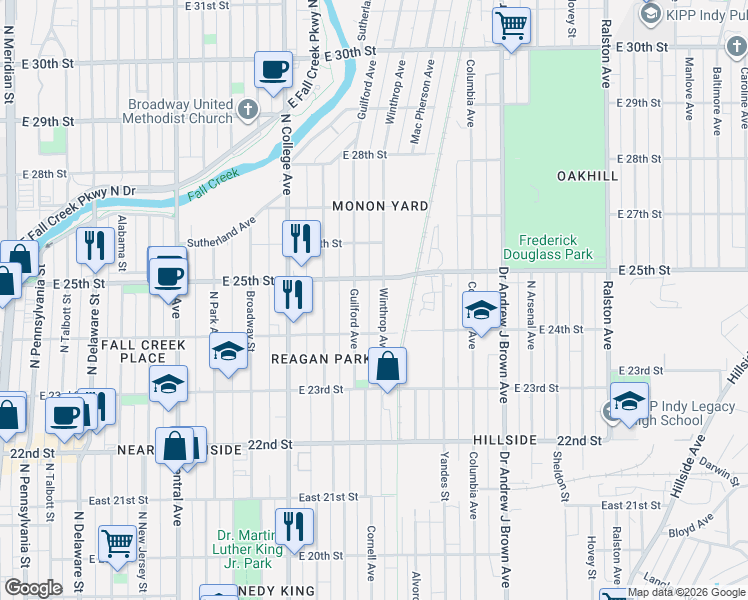map of restaurants, bars, coffee shops, grocery stores, and more near 2459 Winthrop Avenue in Indianapolis