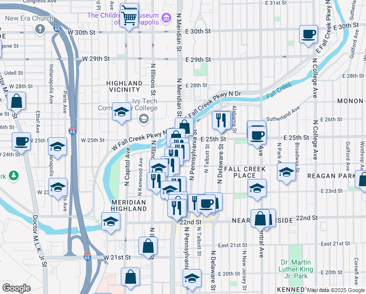 map of restaurants, bars, coffee shops, grocery stores, and more near 2480 North Meridian Street in Indianapolis