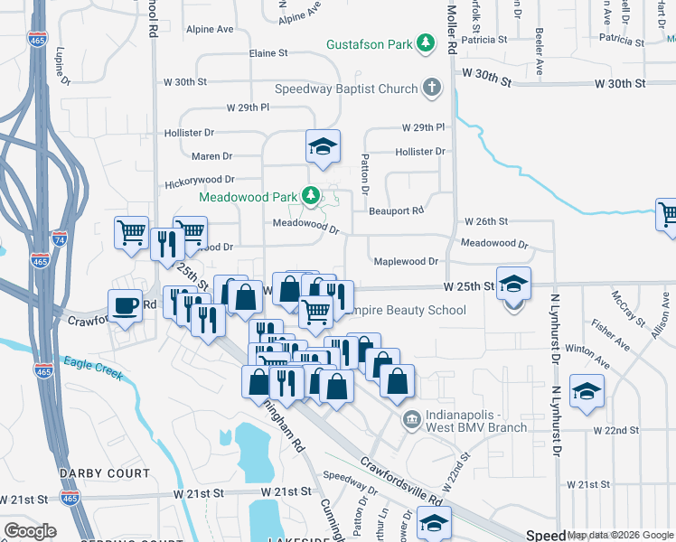 map of restaurants, bars, coffee shops, grocery stores, and more near 38 Maplewood Drive in Speedway