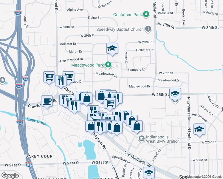 map of restaurants, bars, coffee shops, grocery stores, and more near 38 Maplewood Drive in Speedway