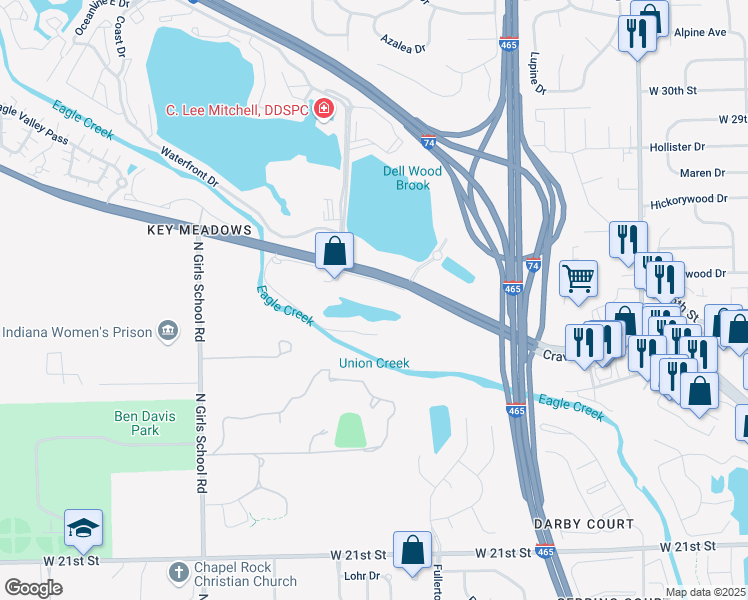 map of restaurants, bars, coffee shops, grocery stores, and more near 6831 Crawfordsville Road in Indianapolis