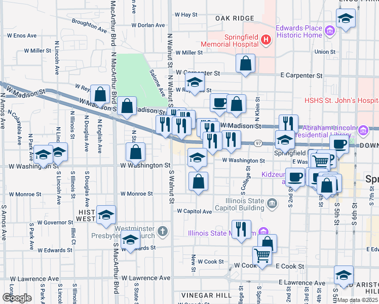 map of restaurants, bars, coffee shops, grocery stores, and more near 121 North Parker Avenue in Springfield