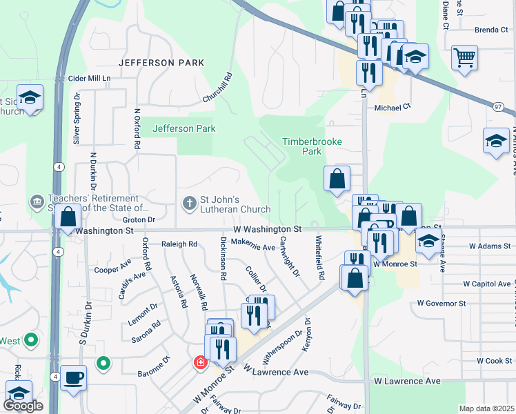 map of restaurants, bars, coffee shops, grocery stores, and more near 2301 West Washington Street in Springfield