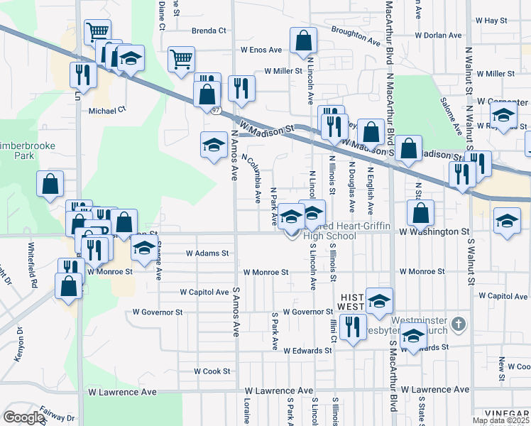 map of restaurants, bars, coffee shops, grocery stores, and more near 1312 Mossman Avenue in Springfield