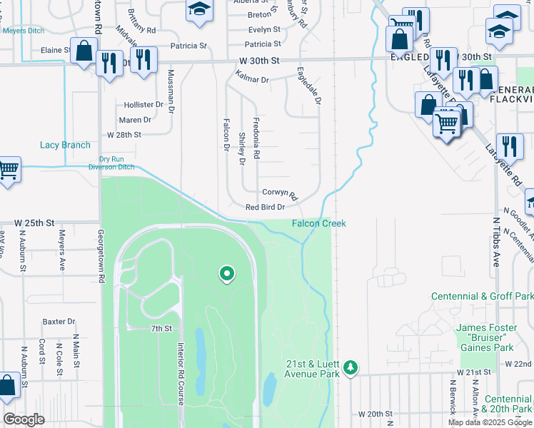 map of restaurants, bars, coffee shops, grocery stores, and more near 4101 Red Bird Drive in Indianapolis