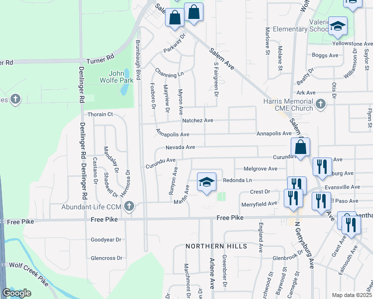 map of restaurants, bars, coffee shops, grocery stores, and more near 4420 Nevada Avenue in Dayton