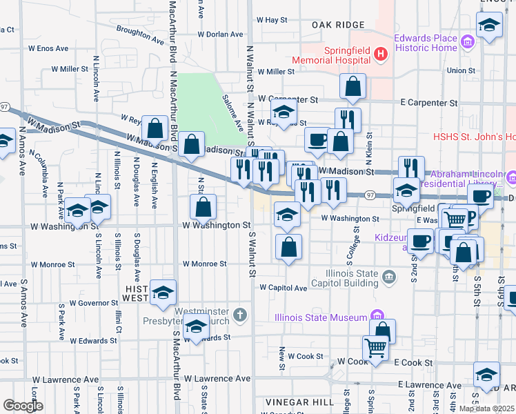 map of restaurants, bars, coffee shops, grocery stores, and more near 128 North Walnut Street in Springfield