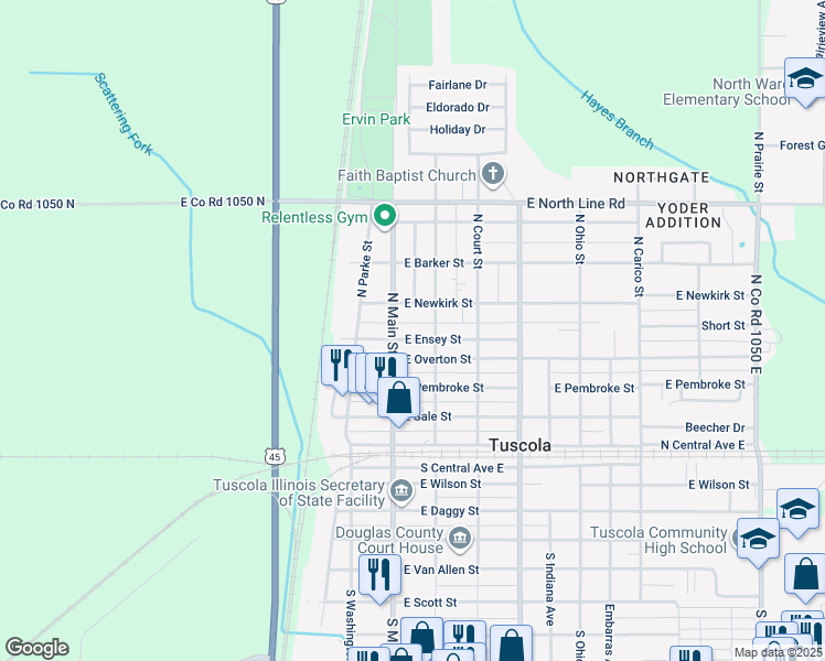 map of restaurants, bars, coffee shops, grocery stores, and more near 106 East Ensey Street in Tuscola