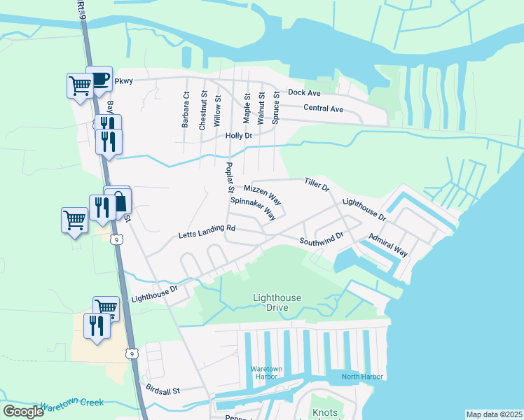 map of restaurants, bars, coffee shops, grocery stores, and more near 20 Spinnaker Way in Ocean Township