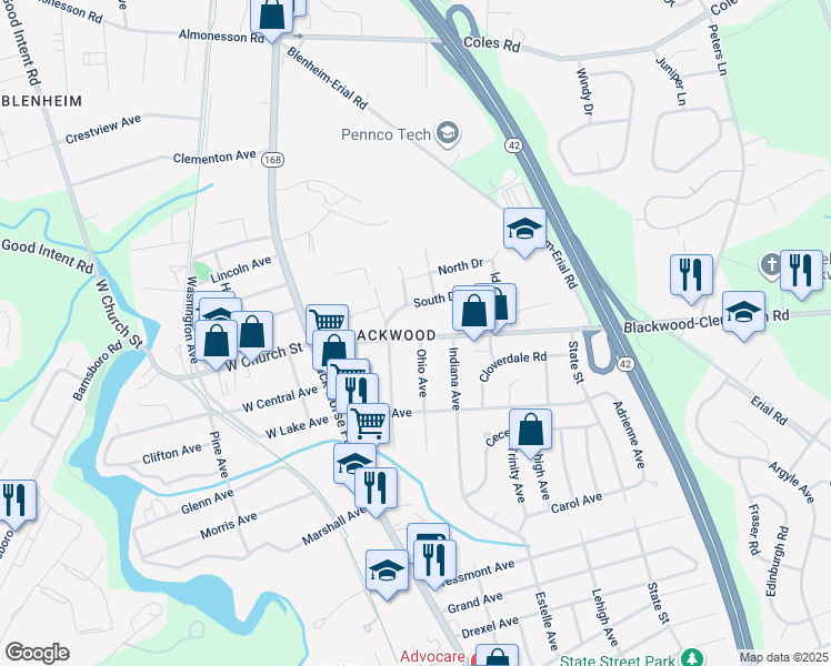 map of restaurants, bars, coffee shops, grocery stores, and more near 127 East Church Street in Camden County