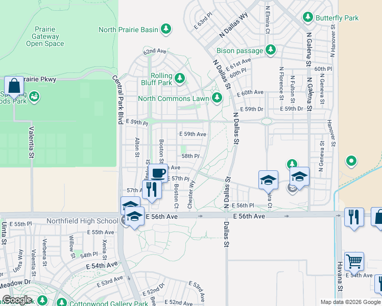 map of restaurants, bars, coffee shops, grocery stores, and more near 9417 58th Place in Denver