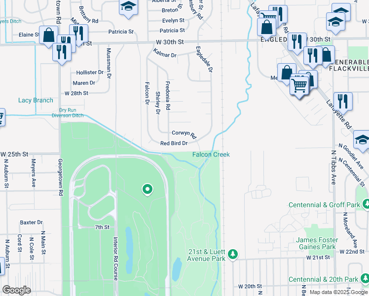 map of restaurants, bars, coffee shops, grocery stores, and more near 4001 Red Bird Drive in Indianapolis