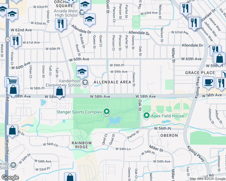 map of restaurants, bars, coffee shops, grocery stores, and more near 5809 Pierson Street in Arvada